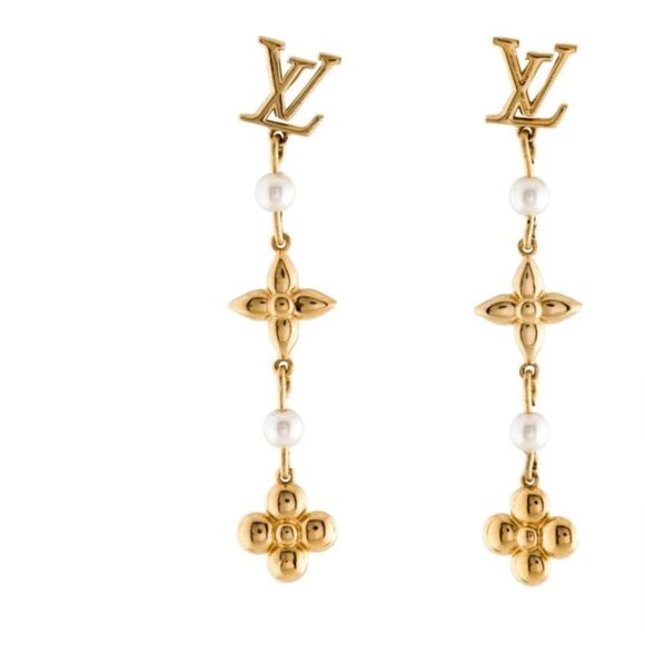 Louis Vuitton Metal Pearl Louisa Drop Earrings in gold-tone metal w/faux pearl - Picture 3 of 12